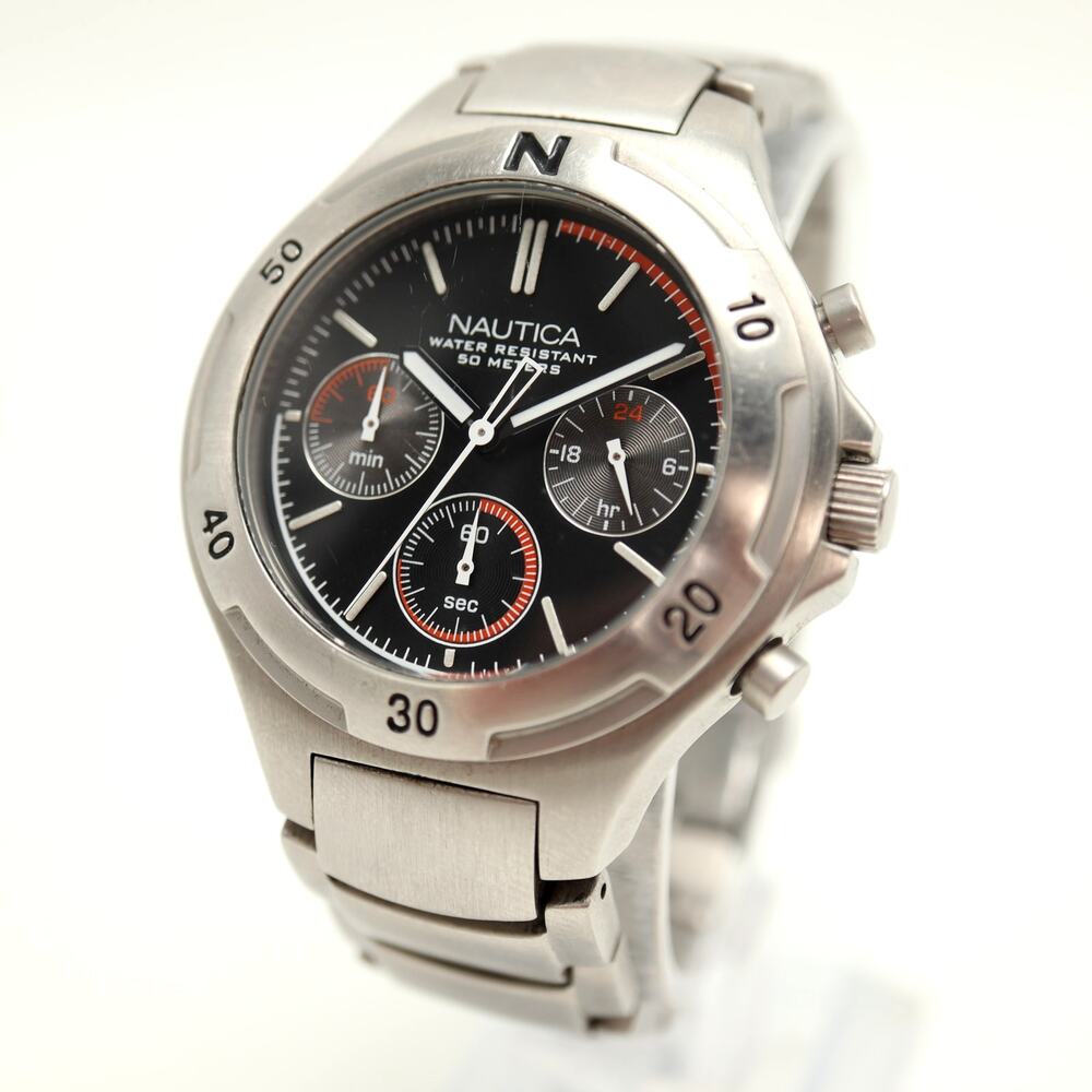 Nautica Mens Stainless Steel 40mm Chronograph Watch 60 min 24-Hr w New Battery